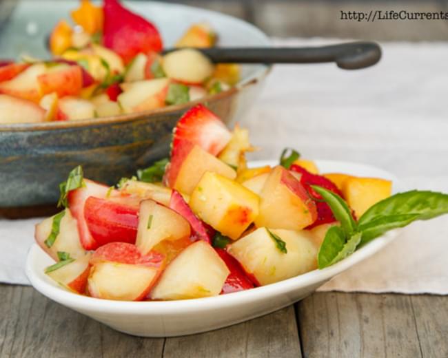 Peach, Nectarine, and Strawberry Fruit Salad with Lime Honey Basil Syrup