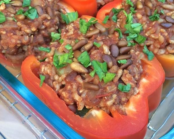 Lebanese Stuffed Peppers with Cinnamon and Toasted Pine Nuts