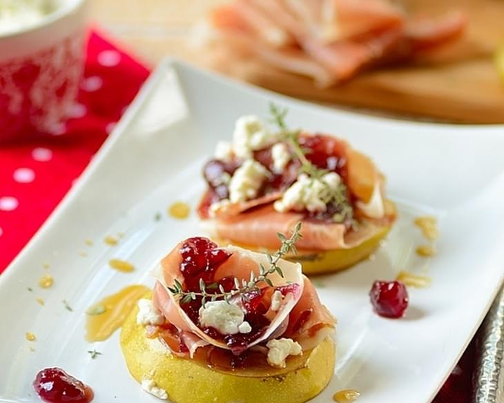 "Pass the Prosciutto - Bruleed Pears with Prosciutto, Cranberry Sauce, and Goat Cheese"