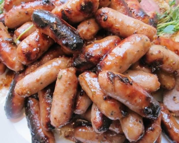 Sticky, Spicy, Sweet Maille Honey Balsamic Dijon Cocktail Sausages with Fresh Herbs