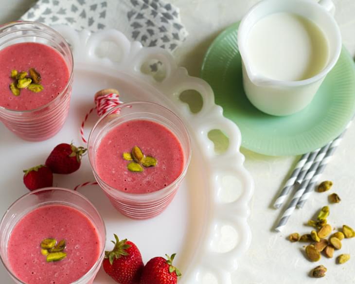 Strawberry, Rose Water, and Cardamom Lassi with Pistachios