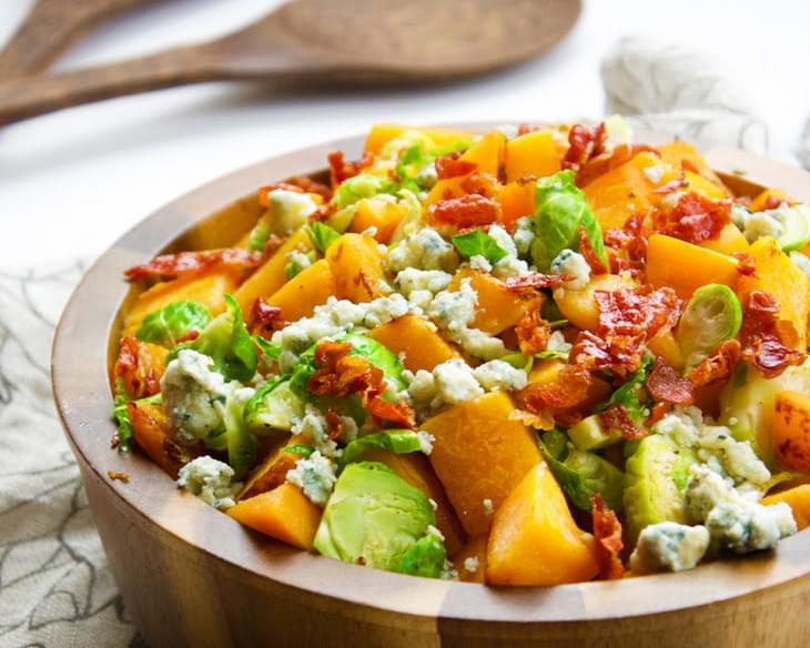 Sautéed Brussels Sprouts & Butternut Squash Skillet with Prosciutto and Blue Cheese