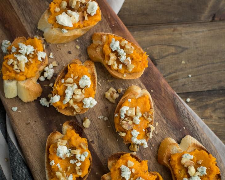 Sweet Potato Crostini with Walnuts and Blue Cheese