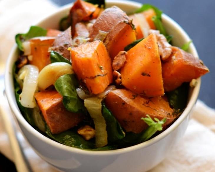 Dill Roasted Sweet Potatoes + Warm Spinach Salad