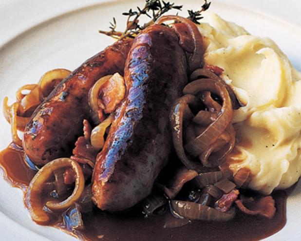 Sausages braised with Guinness