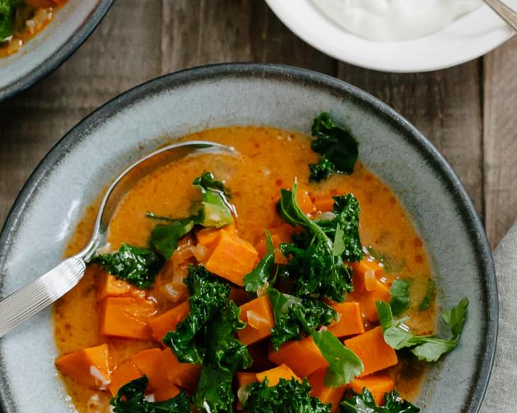 Sweet Potato and Kale Coconut Curry Soup