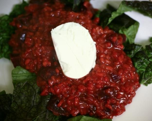 Red Beet Risotto with Mustard Greens and Goat Cheese