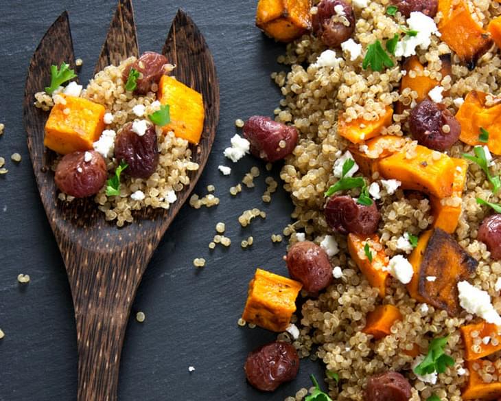 Caramelized Butternut Squash Quinoa Salad with Goat Cheese and Roasted Grapes