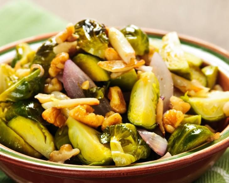 Garlic Roasted Brussels Sprouts with Onions & Walnuts