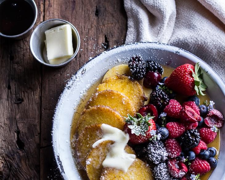 Sweet Buttered Polenta Pancakes with Fresh Summer Berries.