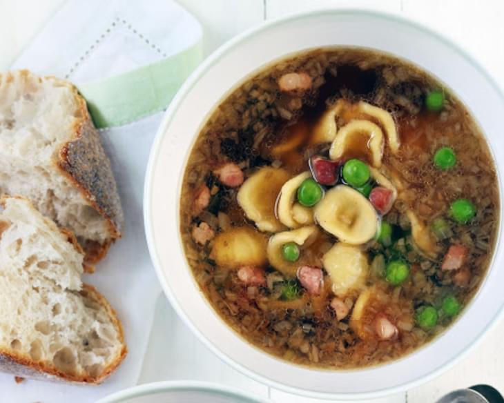 Chicken Soup With Orecchiette, Pancetta And Peas