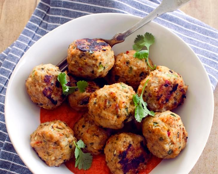 Thai-Spiced Chicken Meatballs with Red Pepper Curry Sauce