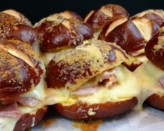 Ham and Havarti Sliders on Parmesan-Butter Topped Pretzel Buns