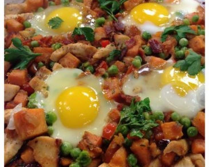 Chicken and Sweet Potato Hash with Poached Eggs