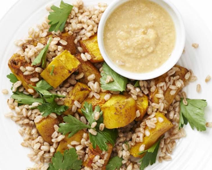 Roasted Squash And Spelt With Houmous Dressing