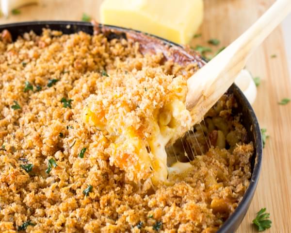 One Skillet Three Cheese Baked Macaroni and Cheese