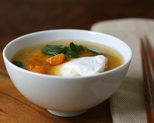 Miso Soup With Butternut Squash, Poached Eggs, & Spinach