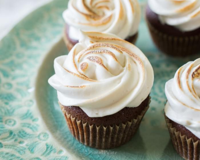 Grain-free Chocolate Cupcakes with Toasted Marshmallow Topping