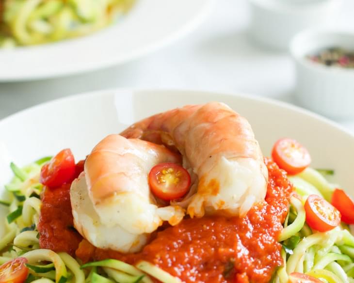 Zucchini noodles with Tomato Sauce and Shrimp