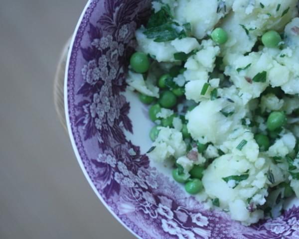 Smashed New Potatoes with Fresh Peas, Parsley, and Chives