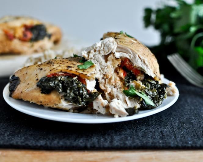 Crockpot Stuffed Chicken Breasts with Spinach, Roasted Red Pepper, Parmesan + Goat Cheese