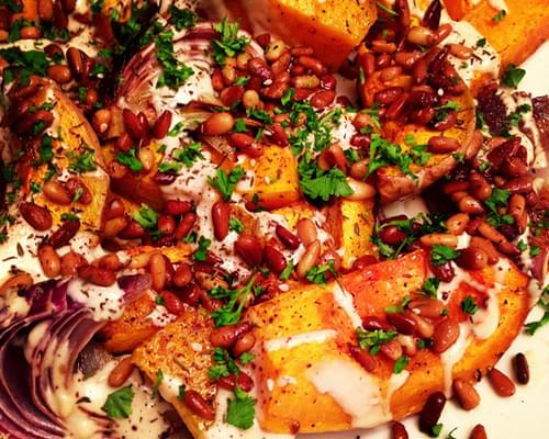 Roasted Butternut Squash and Red Onion with Tahini and Za'atar