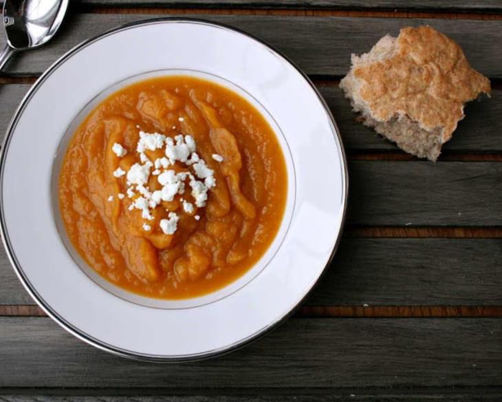 Crock Pot Winter Squash Soup with Goat Cheese Crumbles