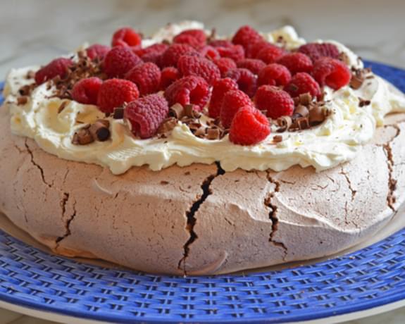 Double Chocolate Pavlova with Marscapone Cream & Raspberries