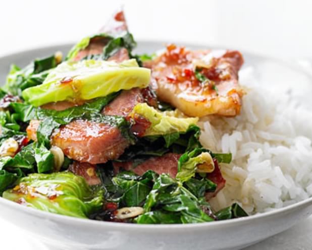 Stir-fried Greens With Sweet Chilli Ham