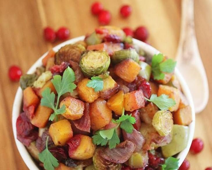 Roasted Butternut Squash and Brussels Sprouts with Cranberries, Apples and Onions