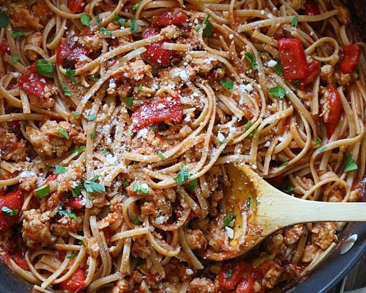 Spicy Whole Wheat Linguini with Sausage and Roasted Peppers