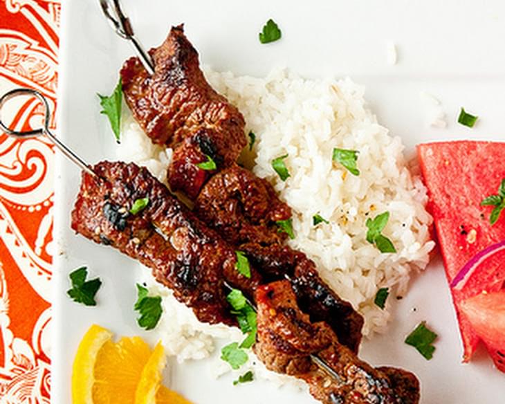 Soy-Marinated Beef Skewers with Cilantro-Lime Sour Cream