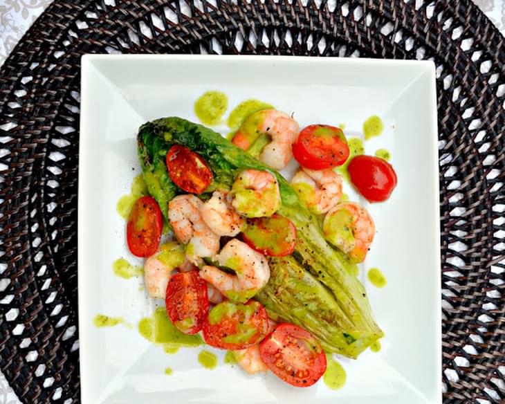 Grilled Romaine Hearts Tomatoes & Shrimp With A Basil Vinaigrette