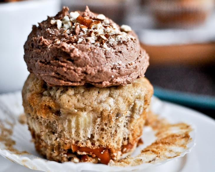 Pretzel Bottomed Banana Bread Cupcakes with Chocolate Peanut Butter Frosting