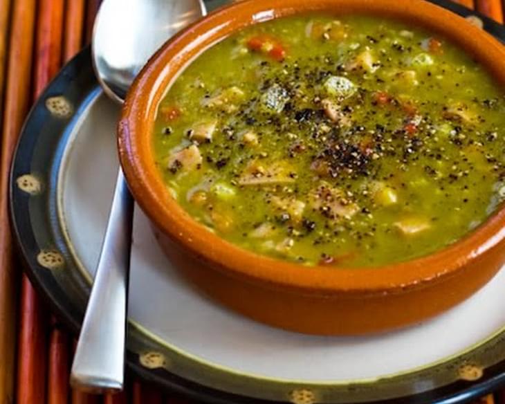 Split Pea Soup with Ham, Bay Leaves, Epazote, and Red Bell Pepper (or Carrots)