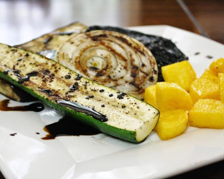 Grilled Vegetables With Polenta Croutons Drizzled With A Balsamic Reduction