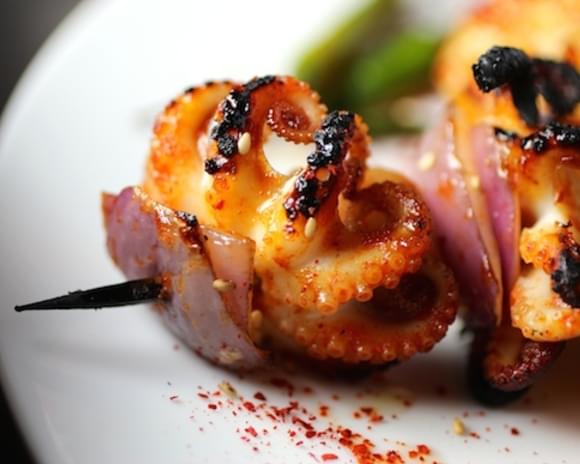 Spicy Charred Baby Octopus Skewers