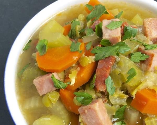 Slow Cooker Split Pea Soup with Ham & Chorizo {Free Knife Skills Class Opportunity}