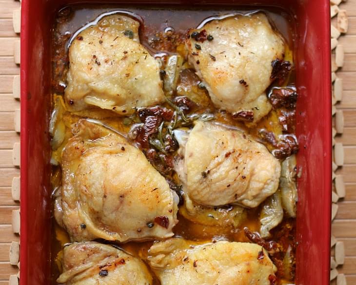 Oven-Braised Chicken with Artichokes, Sundried Tomatoes, Capers, and White Wine