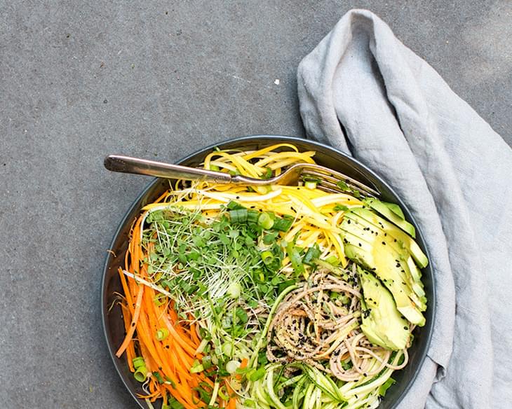 Cold Soba Noodle Salad With Raw Veggie Noodles + A Spicy Sunflower Seed Sauce