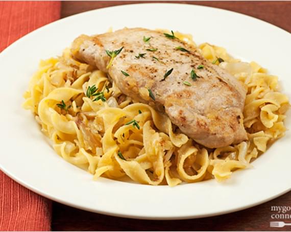Pan-Seared Pork Chops with Apple-Cabbage Noodles