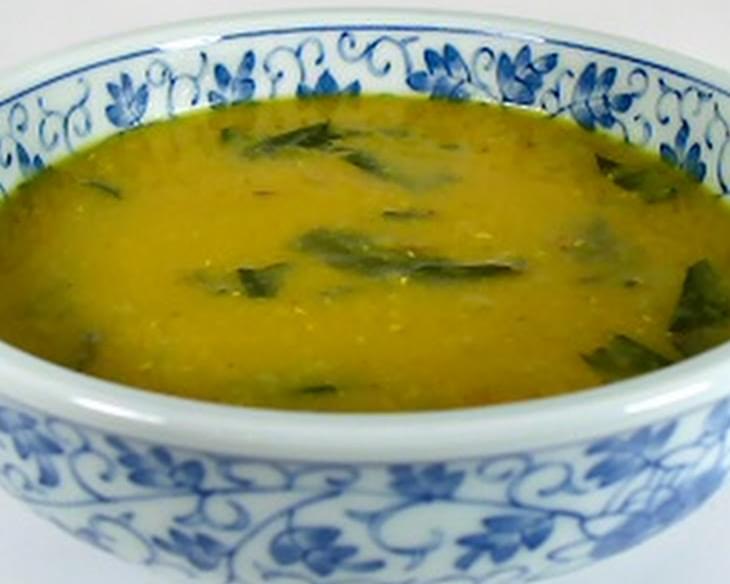 Curried Red Lentil Soup with Dandelion Greens