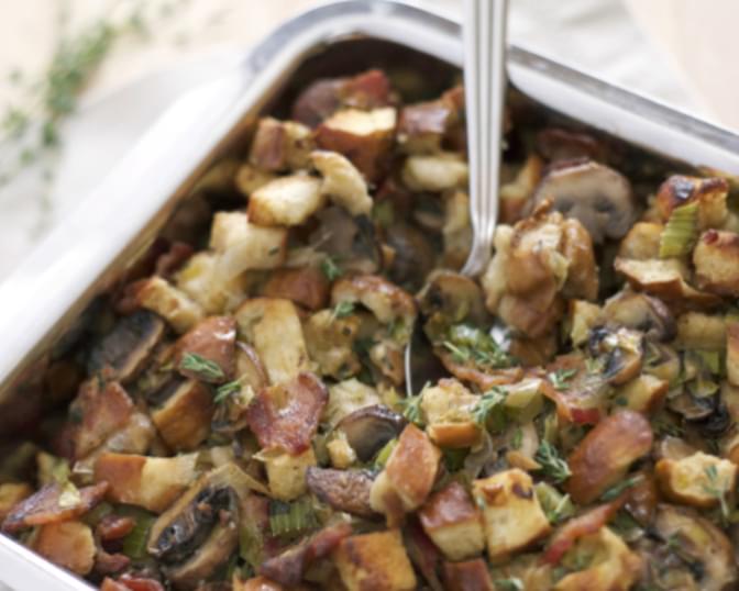 Pretzel Bread Stuffing with Bacon, Leeks and Mushrooms