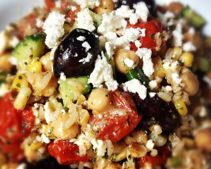 Brown Rice Greek Salad with Roasted Tomatoes