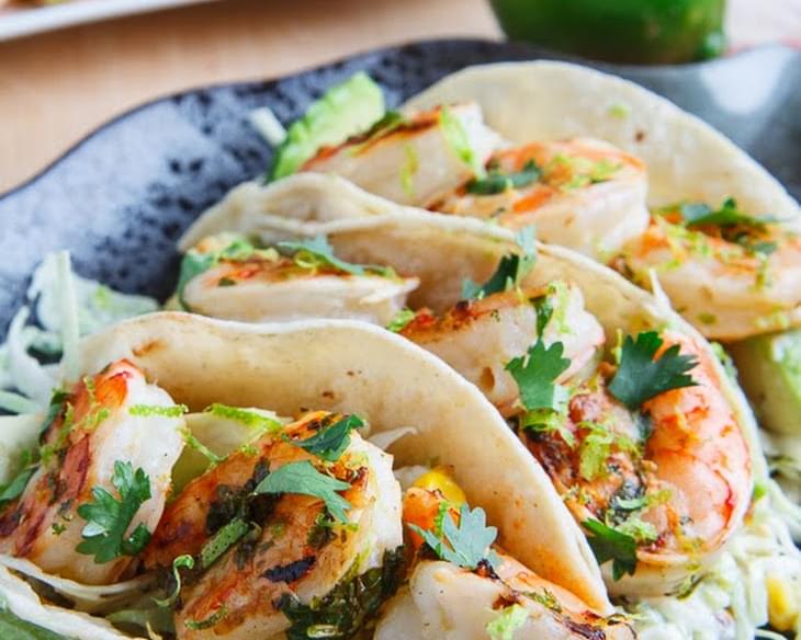 Cilantro Lime Shrimp Tacos with Roasted Corn Slaw and Roasted Jalapeno Crema