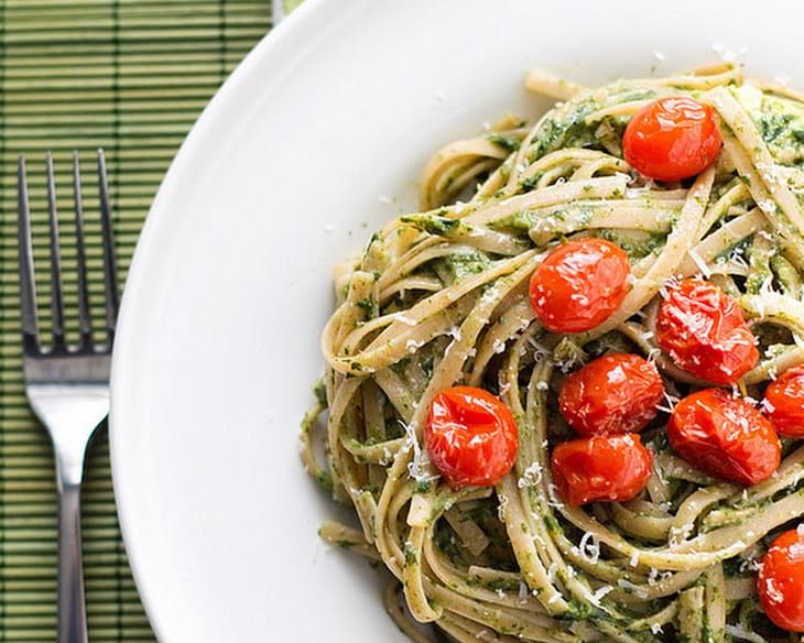 Creamy Spinach and Avocado Pasta with Roasted Tomatoes