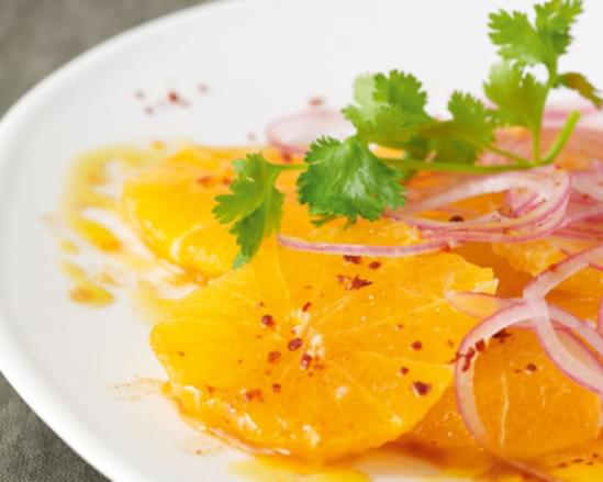 Orange Salad with Fresh Orange-Smoked Paprika Vinaigrette, Iced Onions and Cilantro