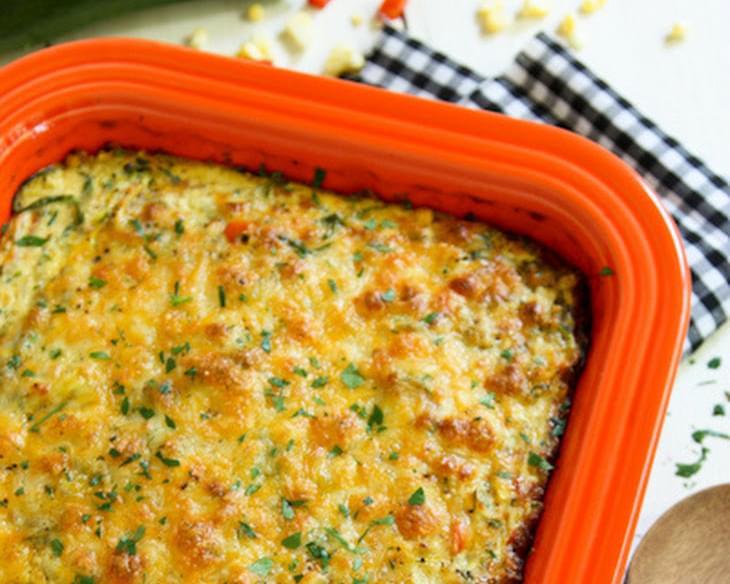 Cheesy Zucchini Noodles Bake with Roasted Corn and Red Pepper