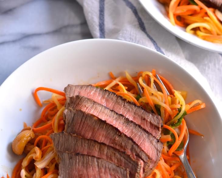 Steak Topped Carrot and Mango Salad with Chili Lime Dressing