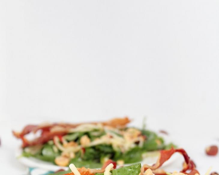 Apple Noddle and Prosciutto Baby Kale Salad with Roasted Hazelnuts